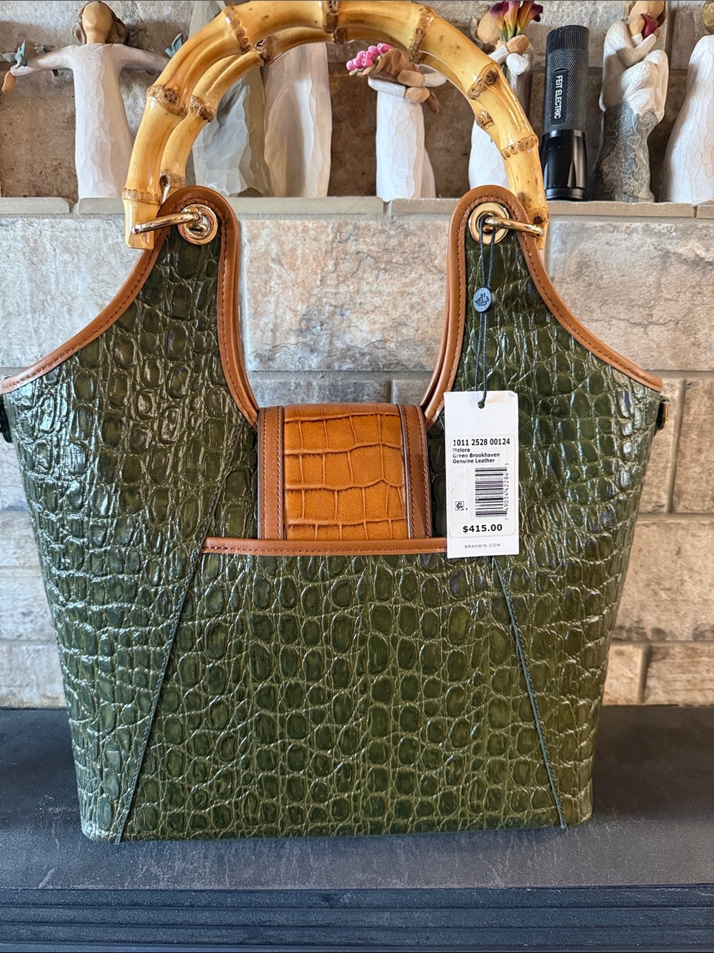 Brahmin Melora Green Brookhaven Croc-Embossed Bamboo Handle Tote - Picture 2 of 6